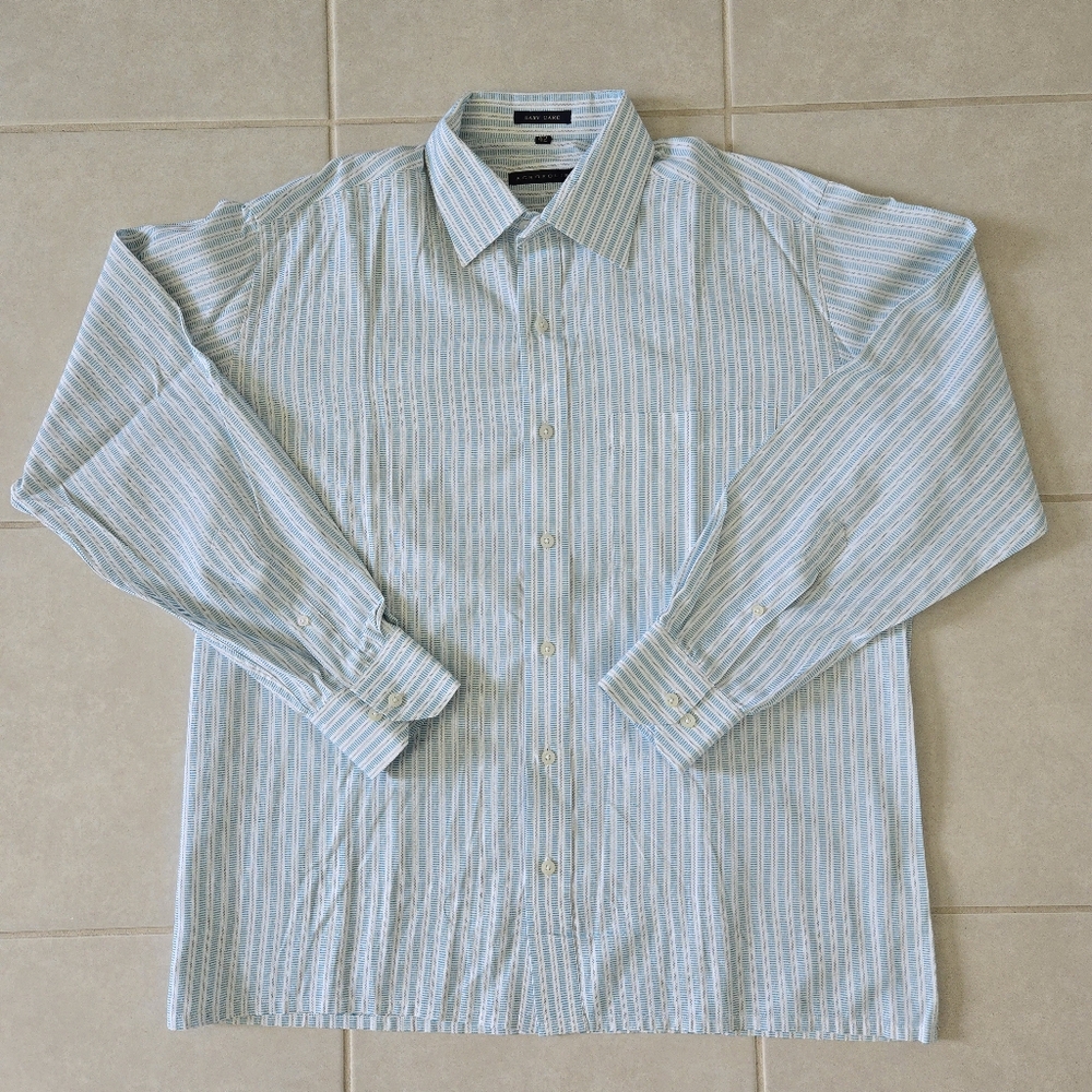 Mens 42 Large Light blue white striped button down dress shirt left pocket